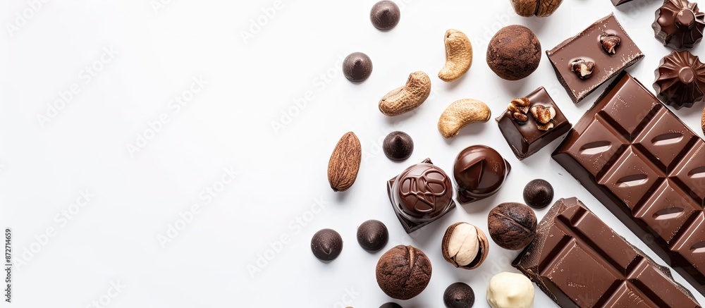 Poster dark and milk chocolate isolated. handmade chocolate with nuts. chocolate bars on a white background