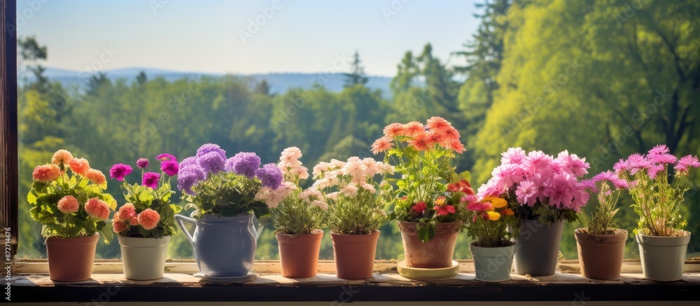 Poster spring flowers in pots are displayed on a windowsill in a top-view copy space image. it shows a summ