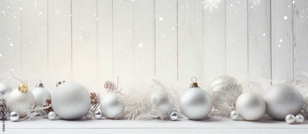 Poster festive christmas setup with vintage ornaments on a white wooden backdrop, ideal for adding text wit