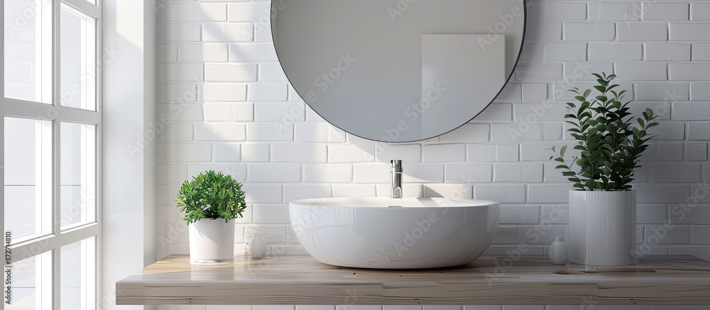 Poster Wash basin with mirror mounted on wall in apartment. with copy space image. Place for adding text or design