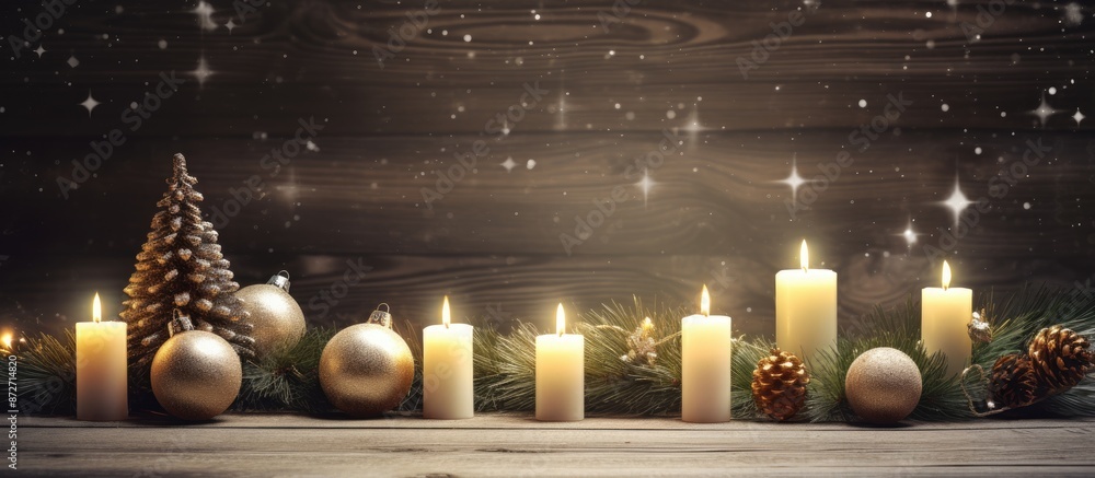 Poster image of christmas ambiance with a fir tree, lit candles, and ornaments on a dark wooden surface, ev