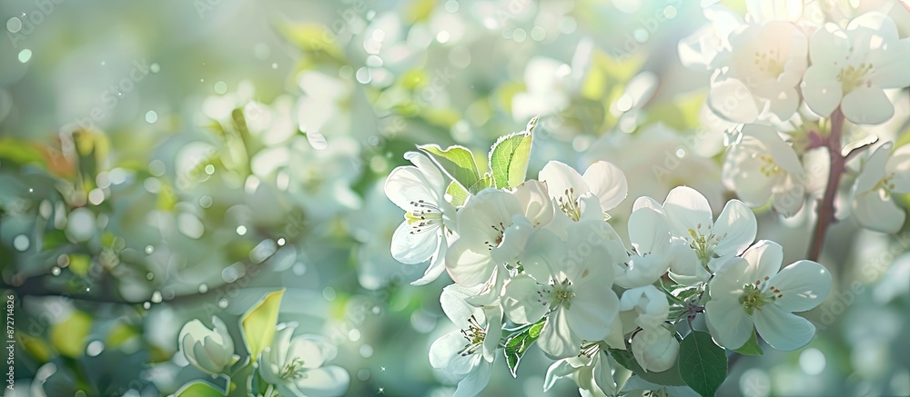 Aufkleber spring background with a close-up image of a blossoming white apple tree branch, providing ample cop