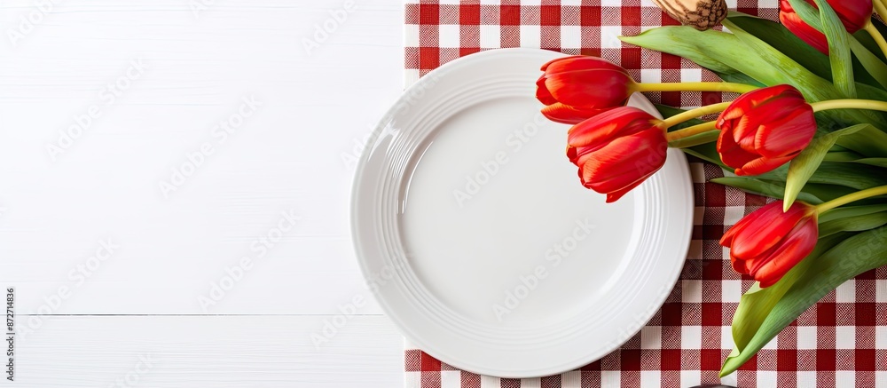 Poster Top view of a spring-themed table setting with a vibrant red tulip flower displayed on a white plate against a checkered tablecloth, with copy space image.