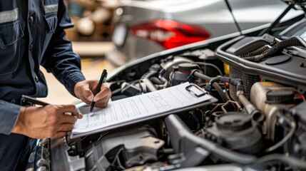 Automotive technician examining the engine bay and recording findings on a clipboard
