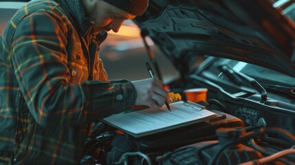 Automotive technician examining the engine bay and recording findings on a clipboard