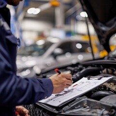 Automotive technician examining the engine bay and recording findings on a clipboard