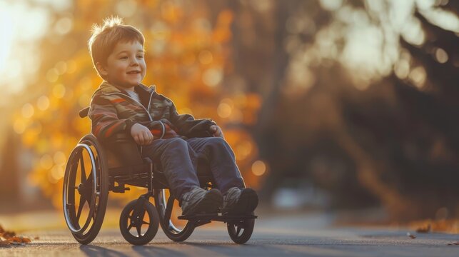 Spinal Muscular Atrophy Awareness Month. A boy with SMA in a wheelchair on the street in the sunlight. The concept of treatment and inclusion of sick children into society
