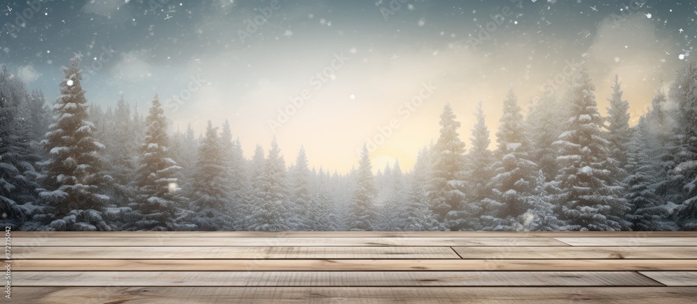Poster Winter holiday background with vintage wooden table in front, suitable for adding text and graphics, with a designated blank area for this purpose in the image. with copy space image