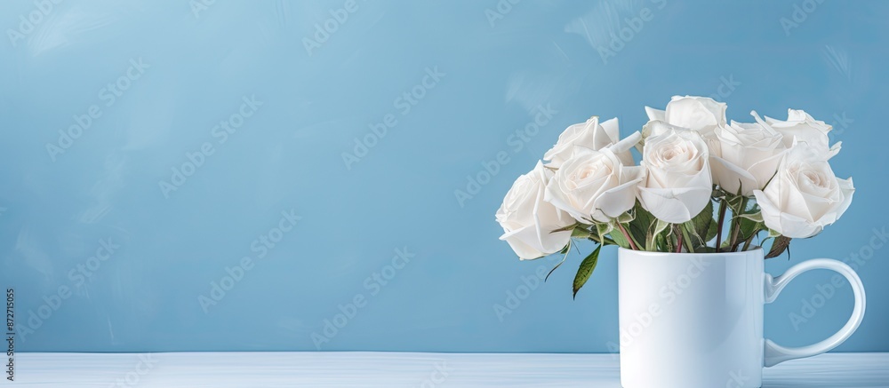 Poster a light blue cup holds white roses on white marble, set against a blue wall, with selective focus an