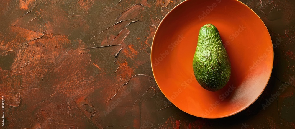 Poster a single avocado rests on a creative plate, embodying healthy eating with fruits and veggies seen fr