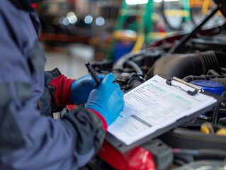 Automotive technician performing an engine checkup and writing down details on a clipboard