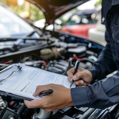 Car maintenance expert conducting an engine checkup and making notes on a checklist