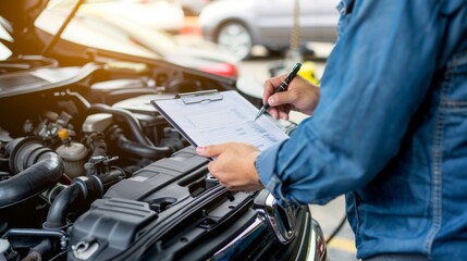 Car maintenance expert conducting an engine checkup and making notes on a checklist