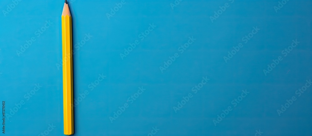 Poster yellow pencil with a question mark on a blue paper background with copy space image.