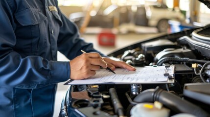 Car service expert inspecting the engine and documenting findings on a checklist