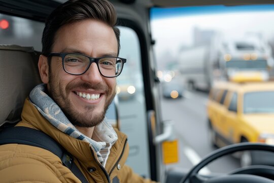 A man in glasses is smiling while driving a truck - Powered by Adobe