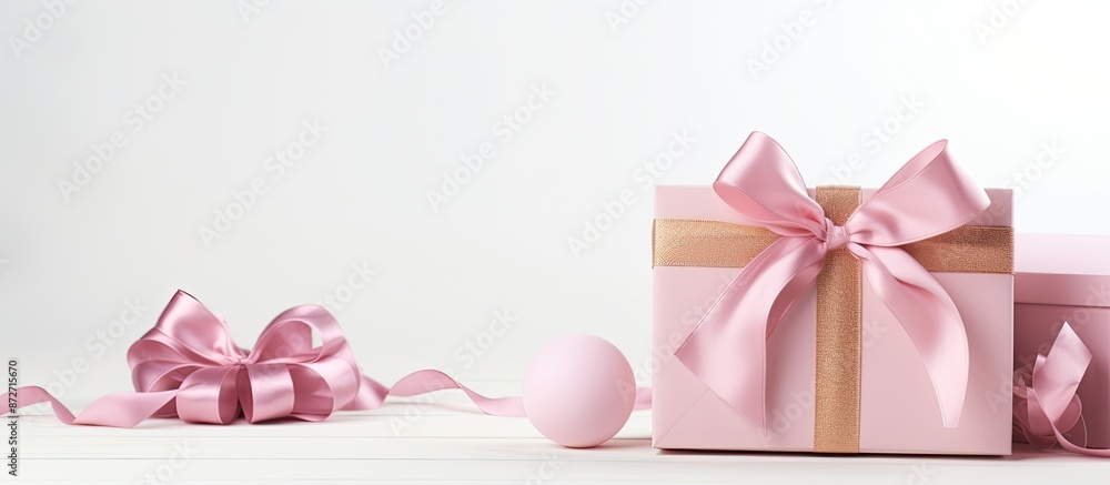 Poster cute gift set with pink ribbon decoration displayed on white backdrop with copy space image.