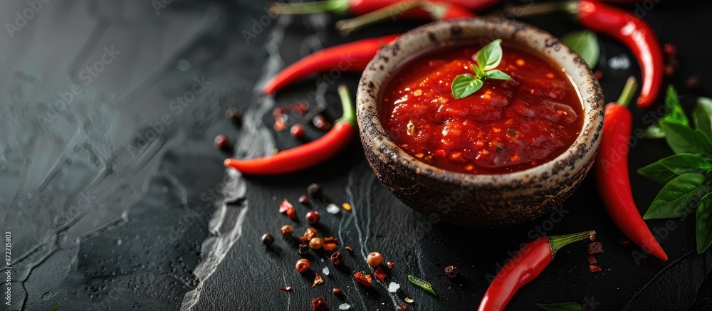 Poster selective focus on traditional chili sauce in a ceramic on a dark background with ample copy space i