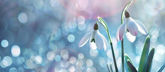 Stylish background enhances two snowdrop blossoms in the copy space image.