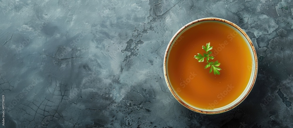 Aufkleber top view of a healthy bowl of broth against a gray background with ample copy space image for a pano