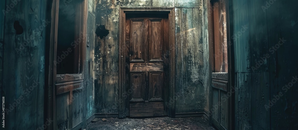 Poster open wooden door in abandoned dirty creepy house . with copy space image. place for adding text or d