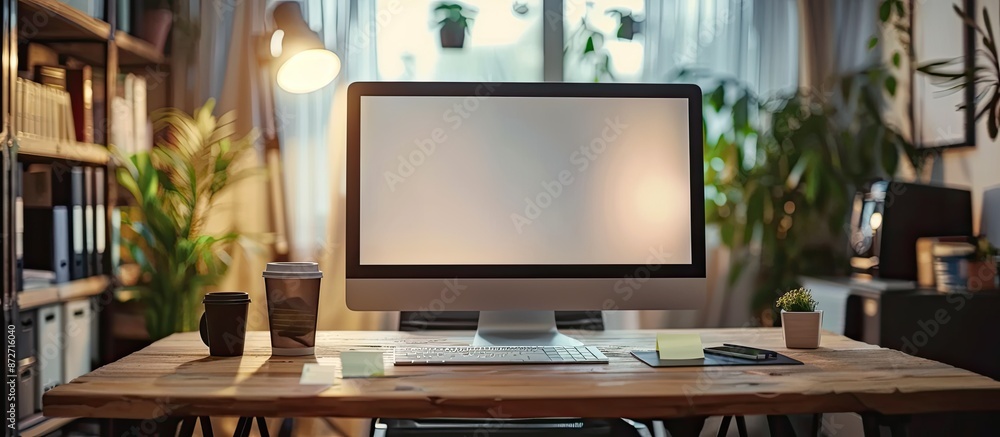 Poster computer screen in the room, on the wooden desk, office, note pad, post-it. with copy space image. p