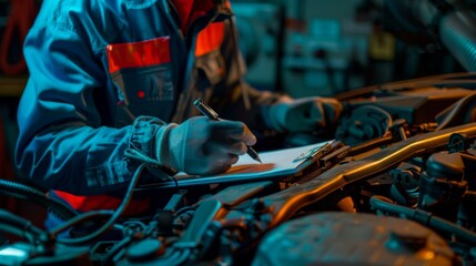 Mechanic performing a detailed engine inspection and writing down findings on a clipboard