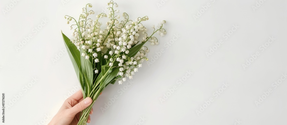 Poster a hand holding a bunch of delicate lily of the valley flowers on a white background from a top view,