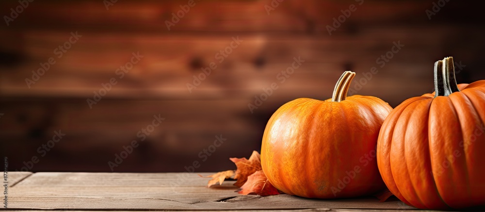 Poster close-up of a halloween pumpkin with copy space on a rustic wooden surface, conveying a thanksgiving
