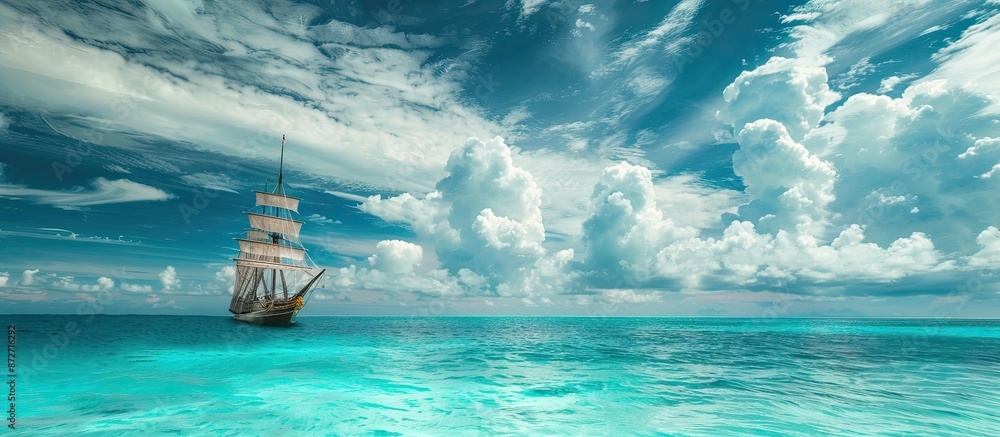 Poster copy space image of a ship sailing on the horizon of a lagoon with turquoise blue water under a clou