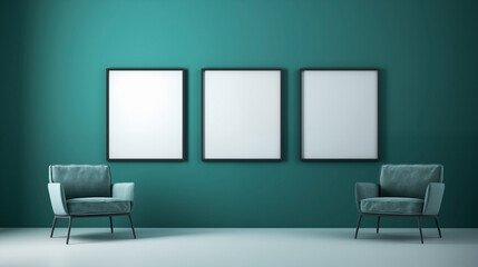 Modern Teal Room with Elegant Chairs and Black-Framed Photos
