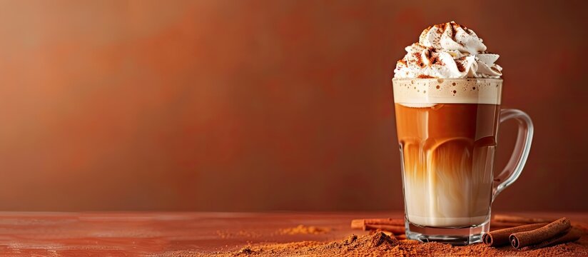 Pumpkin spice latte with whipped cream, sprinkled with cinnamon, and a copy space image.