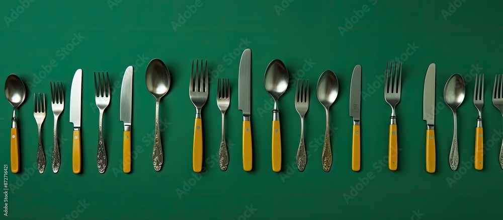 Poster top view of various cutlery on a green backdrop with copy space image.