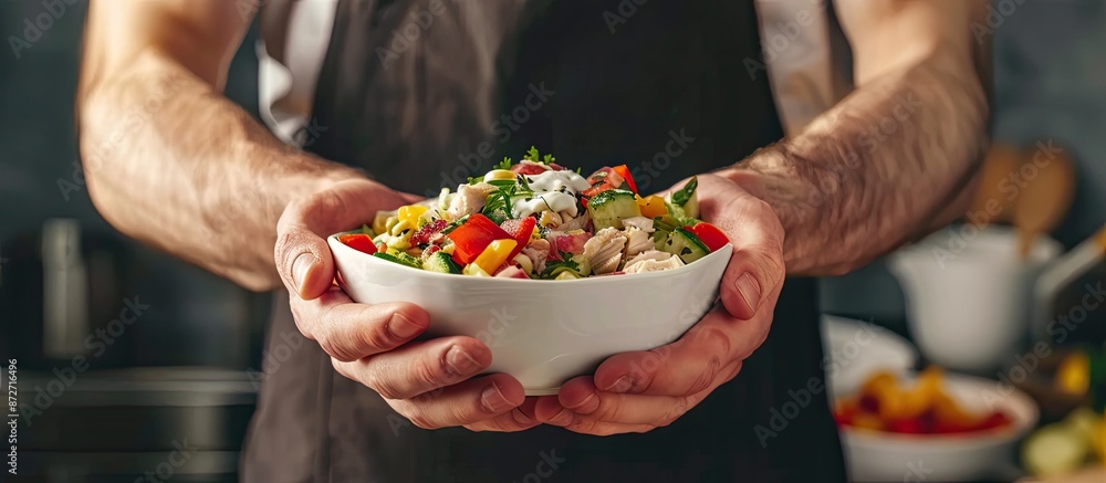 Aufkleber A man displaying a nutritious chicken salad with vegetables and yogurt dressing, highlighting the concept of healthy eating, against a backdrop with room for additional content or text.
