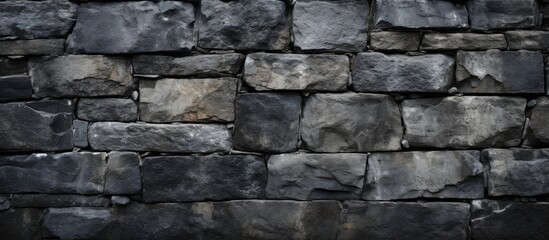 Frontal view of a dark stone wall texture with an aged, cracked, and grungy appearance, providing a background with empty copy space image.