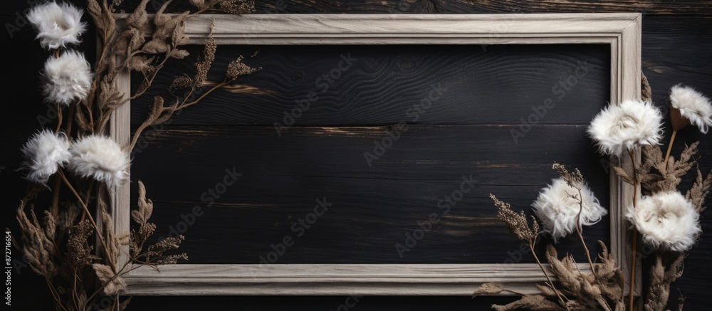 Poster a white wooden frame with a dried flower against a black textured backdrop creates an elegant copy s