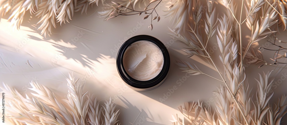 Poster Spa cosmetic product displayed in a cream jar on a branding mock-up, with a top view against a feathered background, in a flat lay style with copy space image.