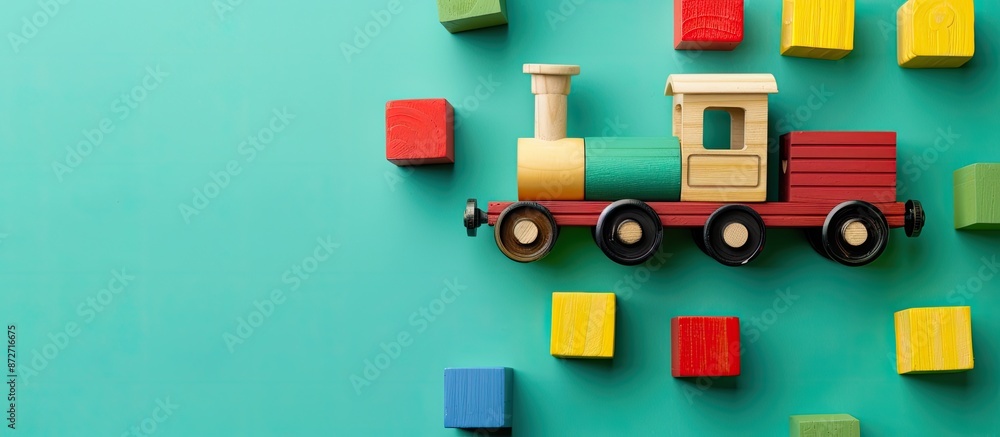 Poster wooden toy train surrounded by bright blocks on a vibrant green backdrop with copy space image.