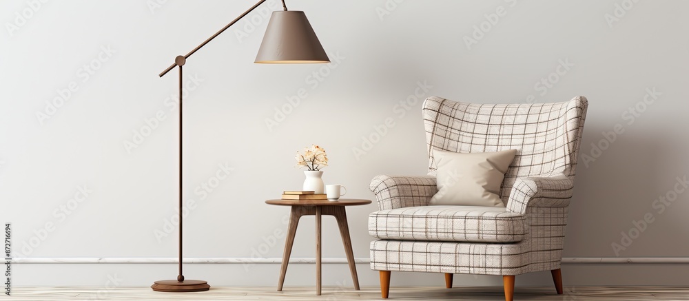 Aufkleber elegant armchair with checkered pattern, floor lamp, ottoman next to white wall, spacious for adding