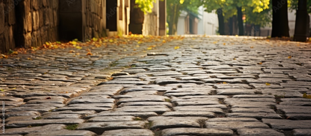 Poster detailed view of an old european cobblestone path with copy space image.