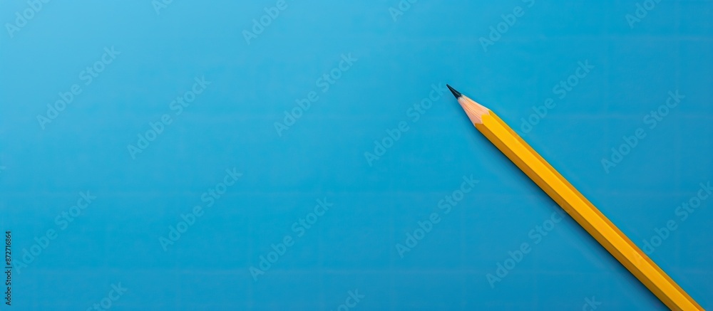 Poster Yellow pencil with a question mark on a blue paper background with copy space image.