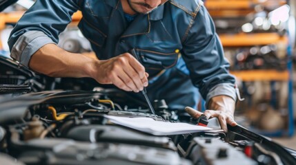 Vehicle repairman examining the engine and making notes on a checklist