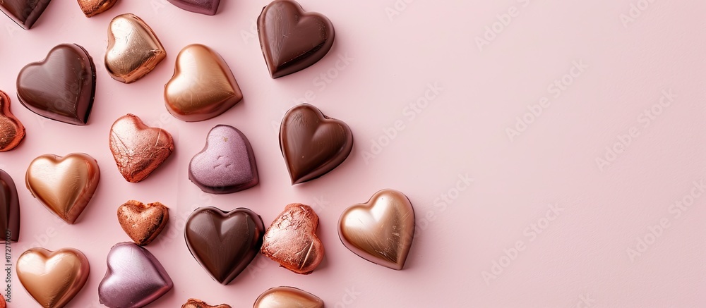Poster beautiful chocolate hearts pastel background food isolated. with copy space image. place for adding 