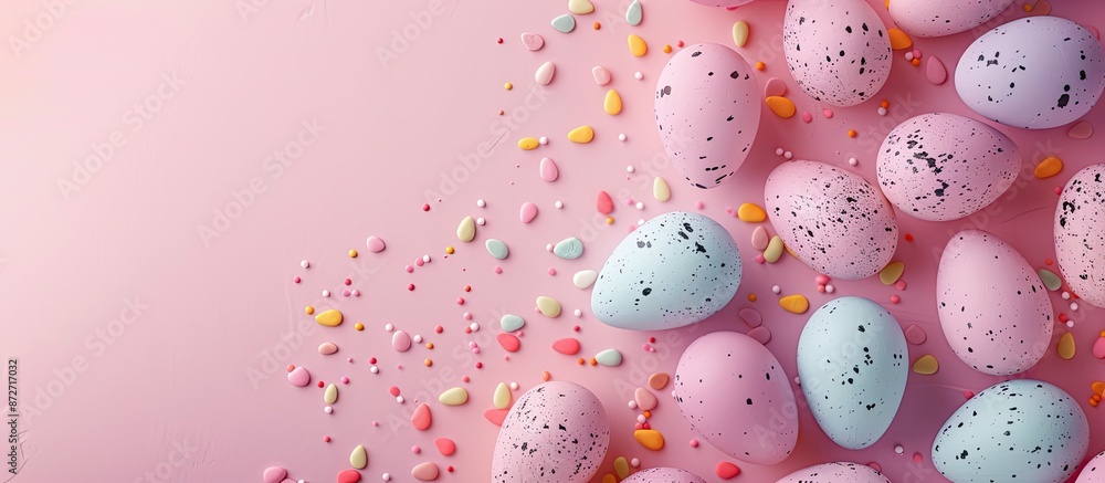Poster easter-themed banner featuring pastel pink background adorned with colored easter eggs. ideal for in