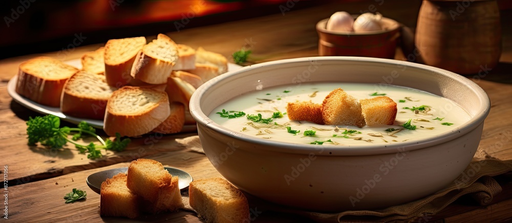 Poster on a wooden surface, there is a serving of fresh onion cream soup accompanied by croutons, with a ba