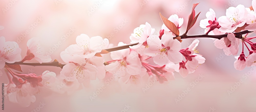 Aufkleber Soft pastel floral card featuring pink springtime cherry blossoms in the background with selective focus, creating a serene copy space image.