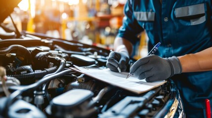 Vehicle technician inspecting under the hood and making notes on a checklist