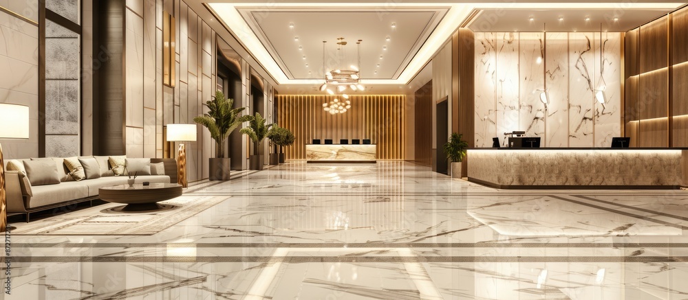 Poster hotel lobby interior with reception desk, sofas, marble floor and long bar. with copy space image. p