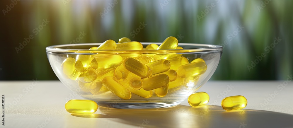 Poster a glass bowl holds yellow capsules containing vitamins a and e, along with capsules in blister packs