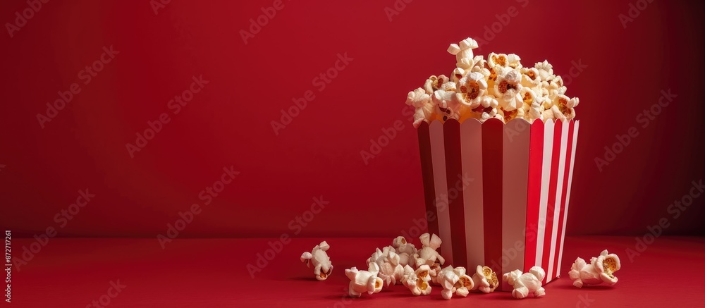 Aufkleber Cinema-themed image with box of popcorn on a red backdrop, perfect for use as a copy space image.